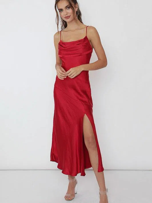 Draped Cami Style Sleeveless Satin Midi Dress-Women's Dresses-Shop Z & Joxa