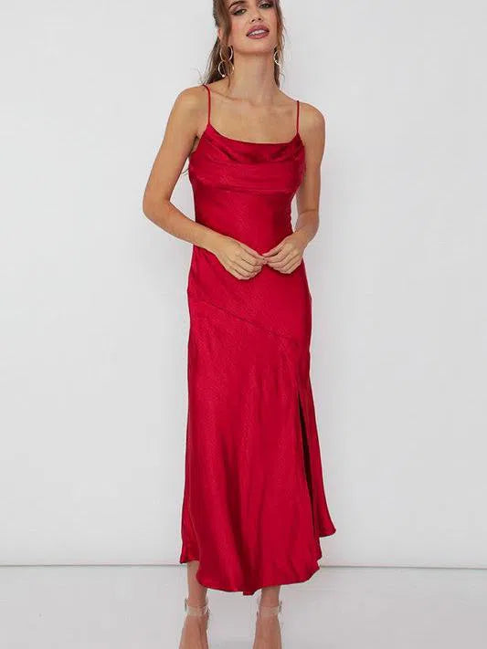 Draped Cami Style Sleeveless Satin Midi Dress-Women's Dresses-Shop Z & Joxa