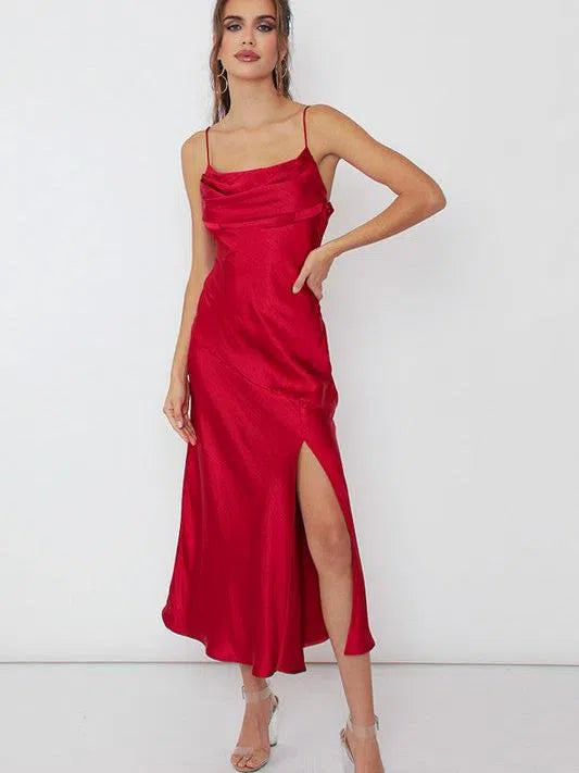 Draped Cami Style Sleeveless Satin Midi Dress-Women's Dresses-Shop Z & Joxa