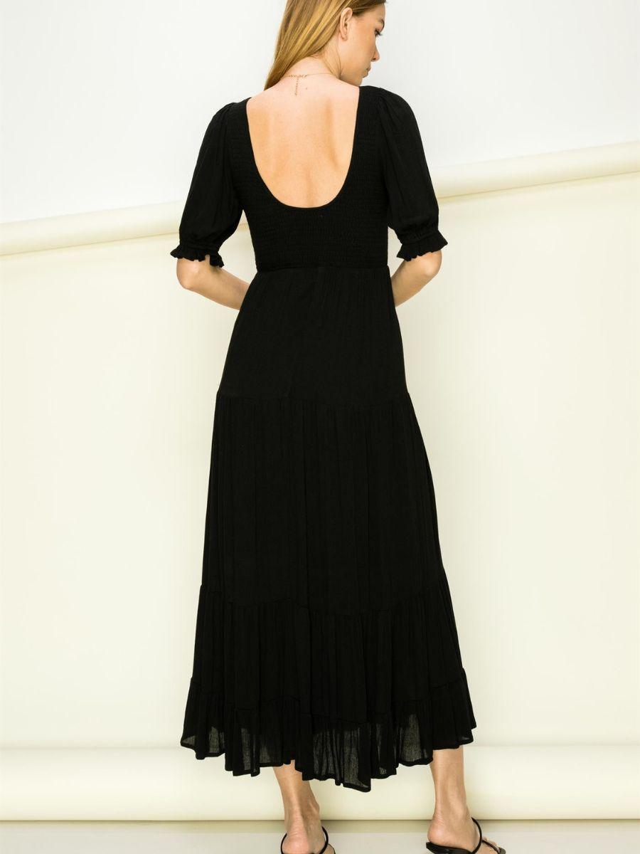 Dreamy Black Smocked Maxi Dress with Short Puffy Sleeves-Women's Clothing-Shop Z & Joxa