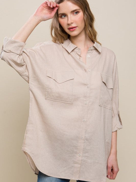Easy Breezy Linen Oversized Long Sleeve Button Down Shirt with Double Pockets-Women's Clothing-Shop Z & Joxa