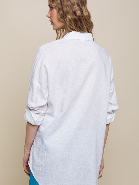Easy Breezy Linen Oversized Long Sleeve Button Down Shirt with Double Pockets-Women's Clothing-Shop Z & Joxa