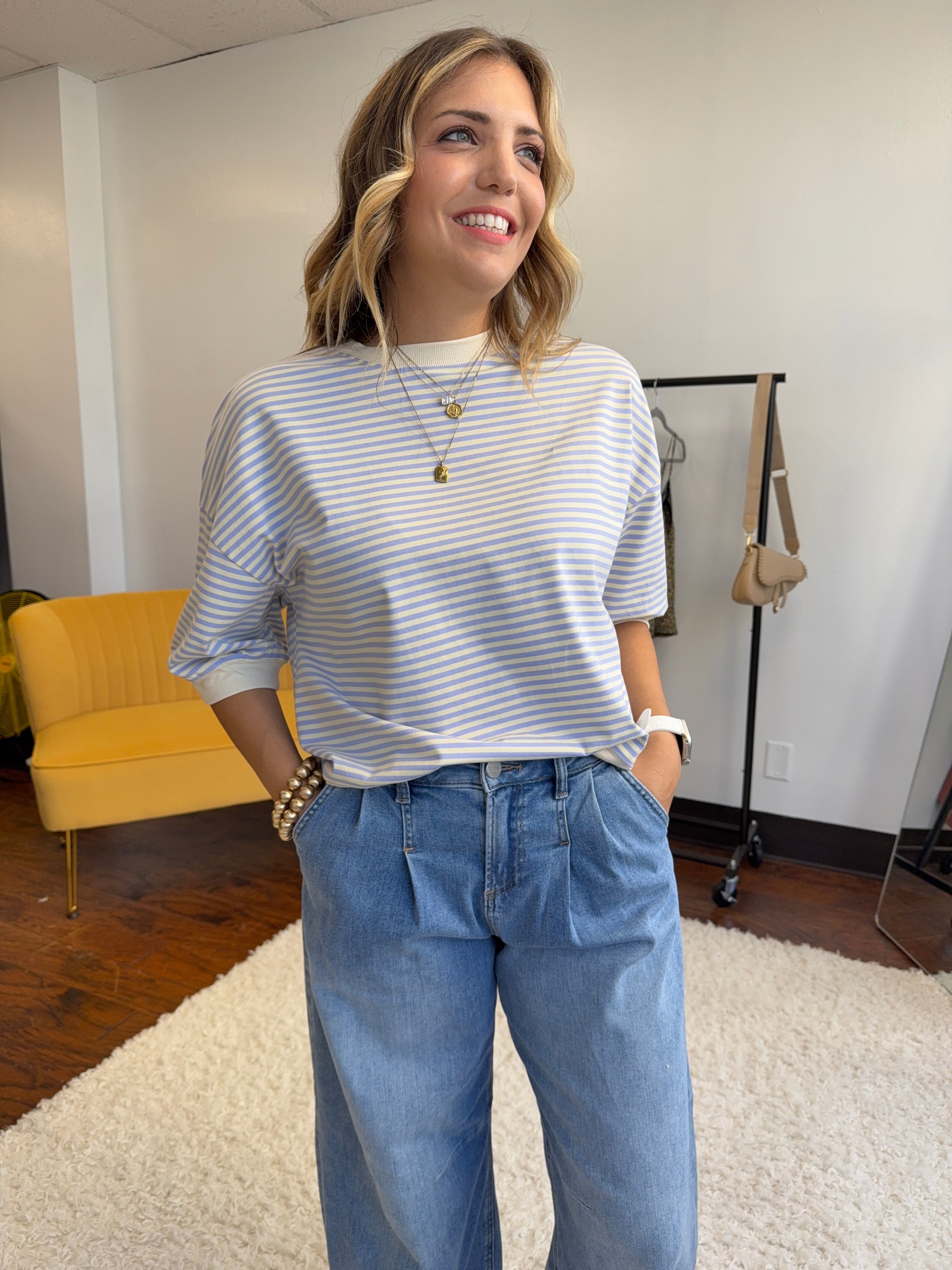 Easy Days and Cool Vibes Striped Oversized Crew Tee-Women's Shirts & Tops-Shop Z & Joxa