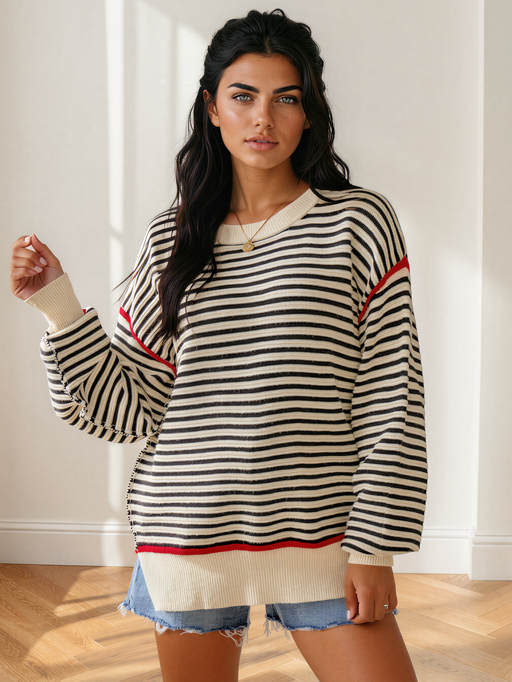 Easy Does It Elle Ribbed Trim Oversized Striped Sweater-Women's Shirts & Tops-Shop Z & Joxa