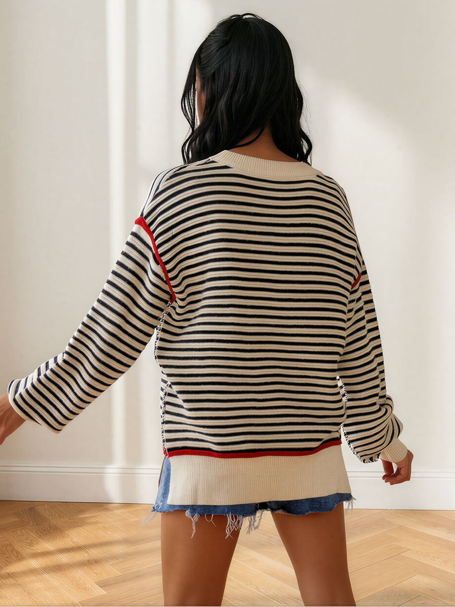 Easy Does It Elle Ribbed Trim Oversized Striped Sweater-Women's Shirts & Tops-Shop Z & Joxa