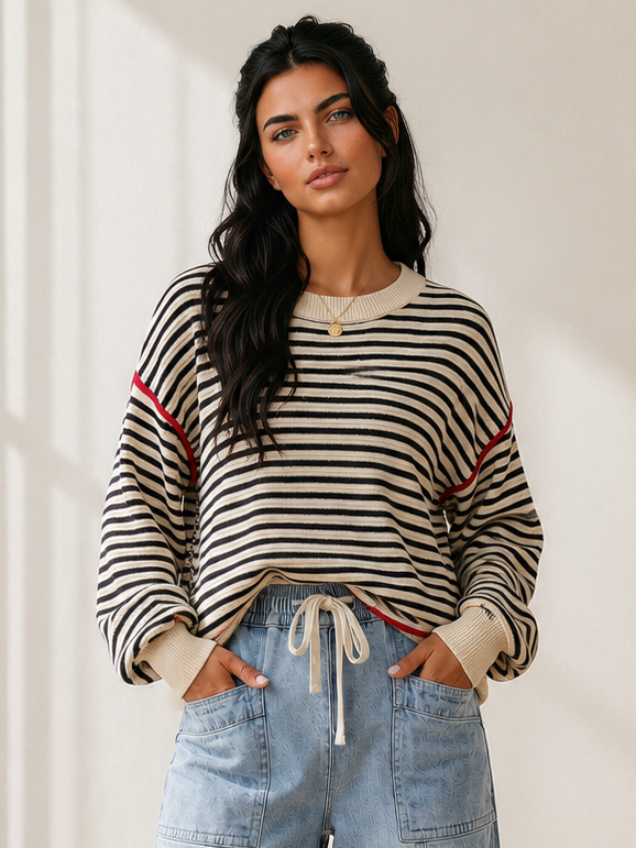 Easy Does It Elle Ribbed Trim Oversized Striped Sweater-Women's Shirts & Tops-Shop Z & Joxa