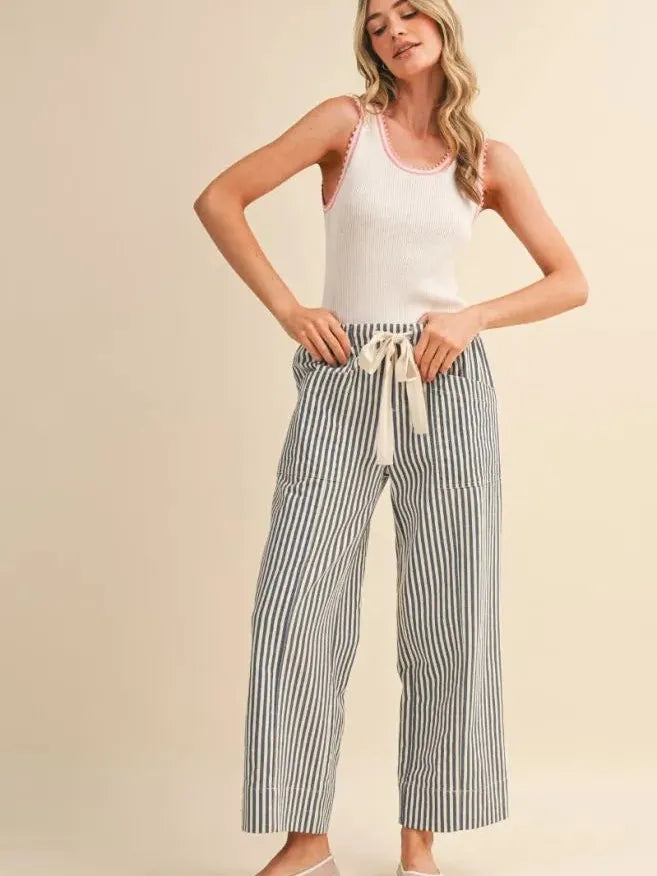 Easy Does It Navy Striped Wide Leg Patch Pocket Pants-Women's Pants-Shop Z & Joxa