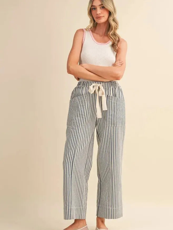 Easy Does It Navy Striped Wide Leg Patch Pocket Pants-Women's Pants-Shop Z & Joxa