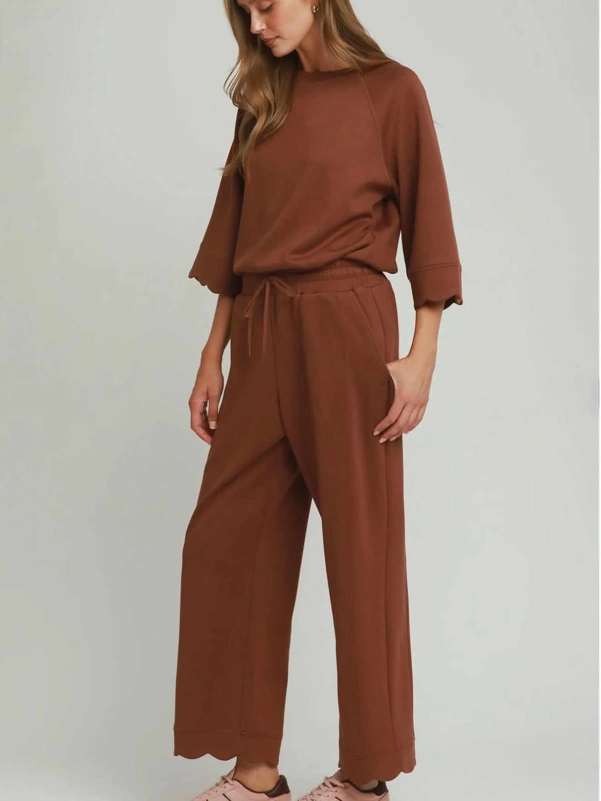 Easy Does It Terra Cotta Brown Scallop Trim Lounge Set-Women's Sets-Shop Z & Joxa