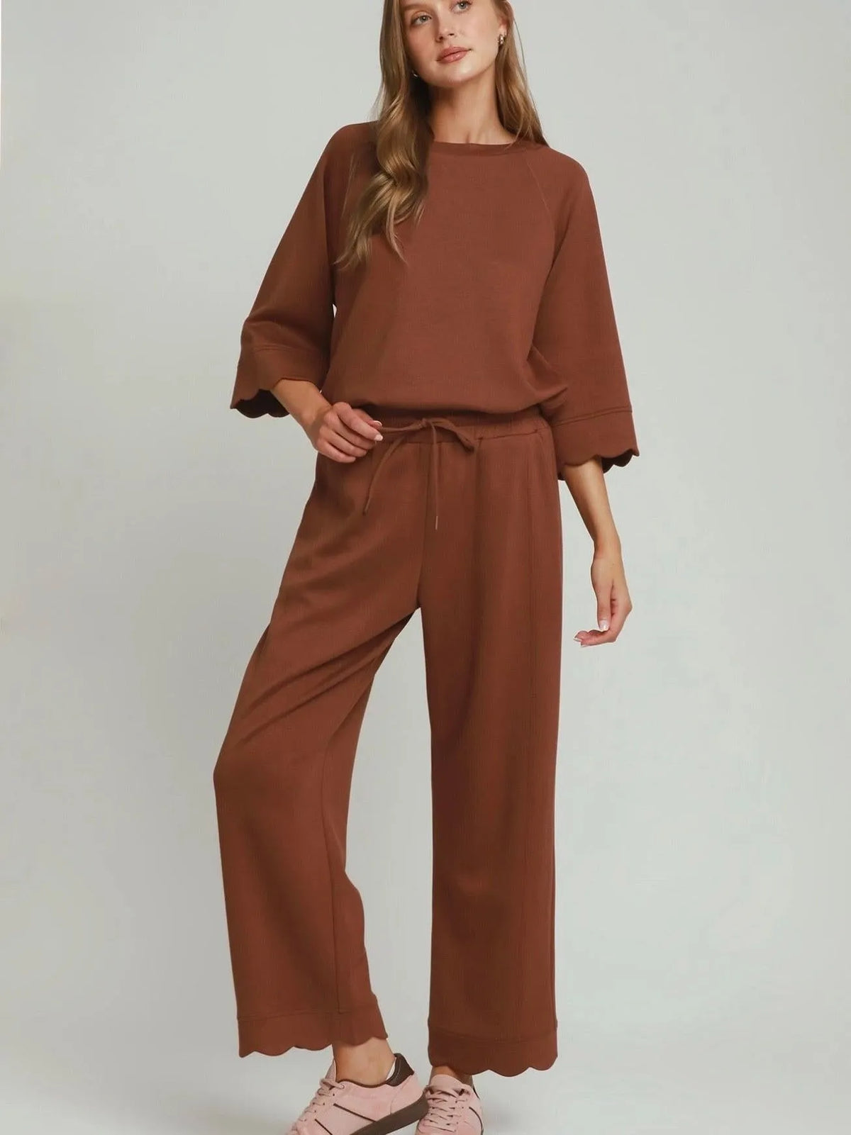Easy Does It Terra Cotta Brown Scallop Trim Lounge Set-Women's Sets-Shop Z & Joxa