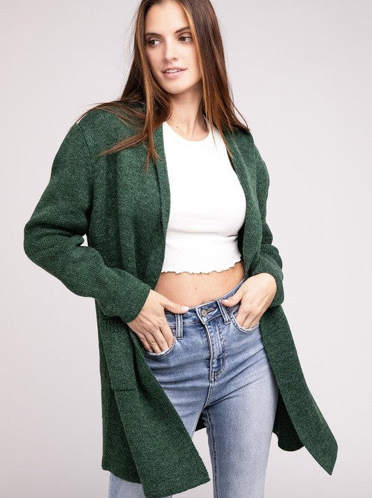 Effortless Style Open Front Hooded Long Cardigan with Front Pockets-Women's Clothing-Shop Z & Joxa