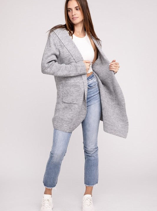 Effortless Style Open Front Hooded Long Cardigan with Front Pockets-Women's Shirts & Tops-Shop Z & Joxa