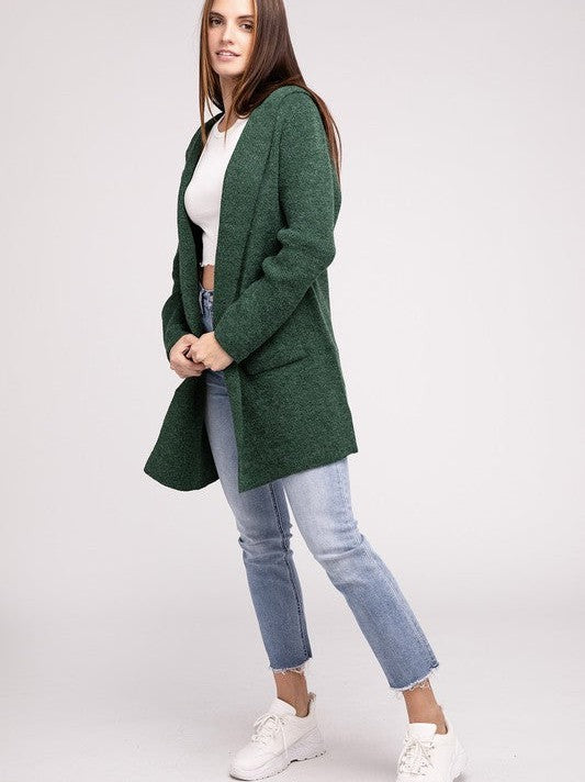 Effortless Style Open Front Hooded Long Cardigan with Front Pockets-Women's Shirts & Tops-Shop Z & Joxa