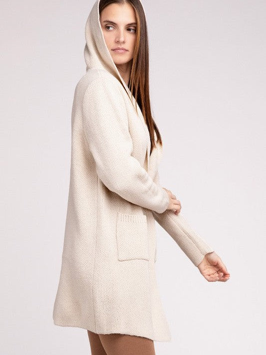 Effortless Style Open Front Hooded Long Cardigan with Front Pockets-Women's Shirts & Tops-Shop Z & Joxa