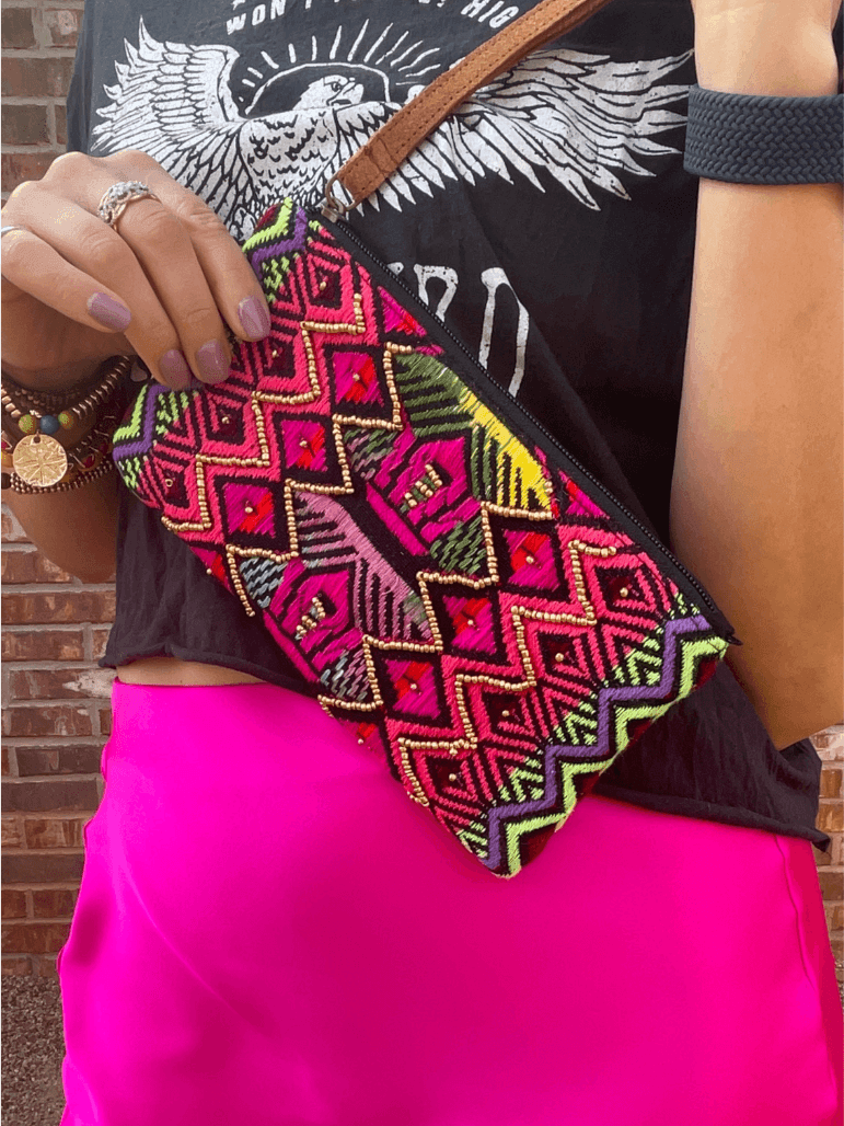 Ethnic Pattern + Beaded Clutch in Colorful Pink-Women's Accessories-Shop Z & Joxa