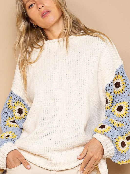 Evening Sky Contrast Knit Sweater with Pattern Balloon Sleeves-Women's Clothing-Shop Z & Joxa