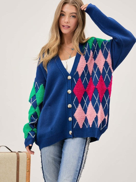 Express Your Style Argyle Button Front Loose Fit Knit Cardigan-Women's Clothing-Shop Z & Joxa