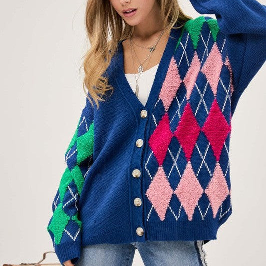 Express Your Style Argyle Button Front Loose Fit Knit Cardigan-Women's Clothing-Shop Z & Joxa