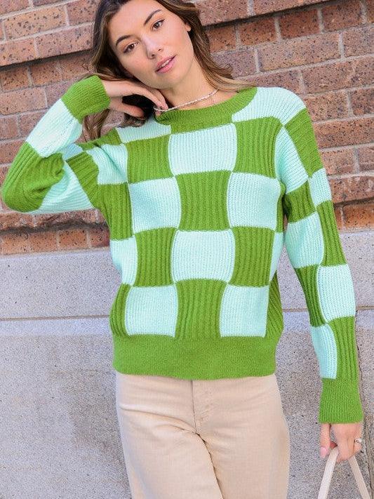 Eye-Catching Ribbed Checkerboard Long Sleeve Sweater-Women's Clothing-Shop Z & Joxa