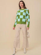 Eye-Catching Ribbed Checkerboard Long Sleeve Sweater-Women's Clothing-Shop Z & Joxa