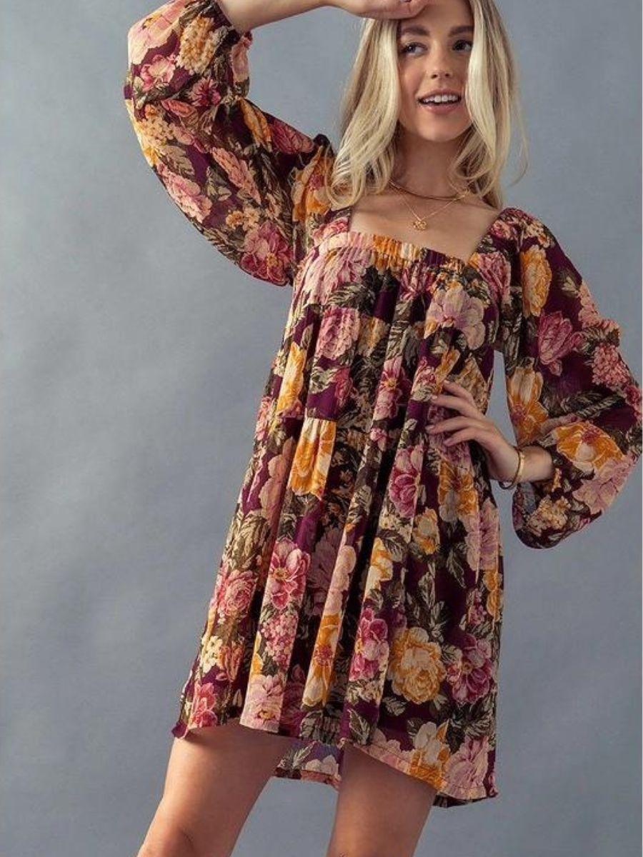 Fall in Love Floral Babydoll Dress L / Burgundy