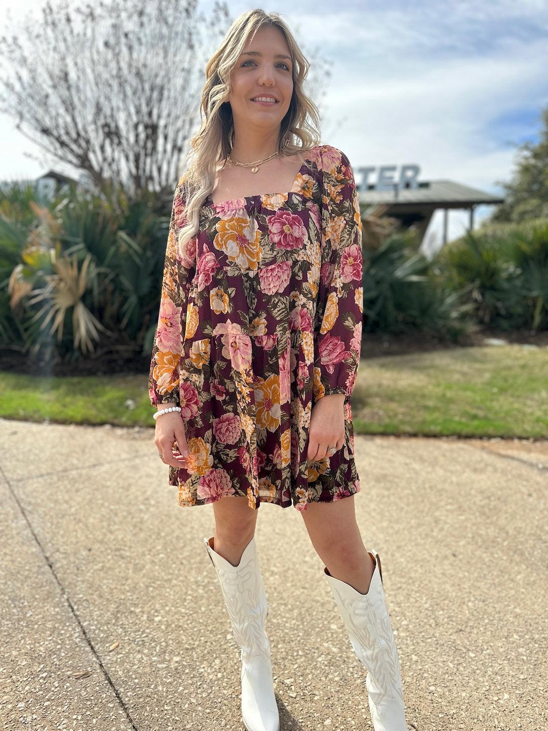 Fall in Love Floral Babydoll Dress L / Burgundy Fall in Love Floral Babydoll Dress L / Burgundy