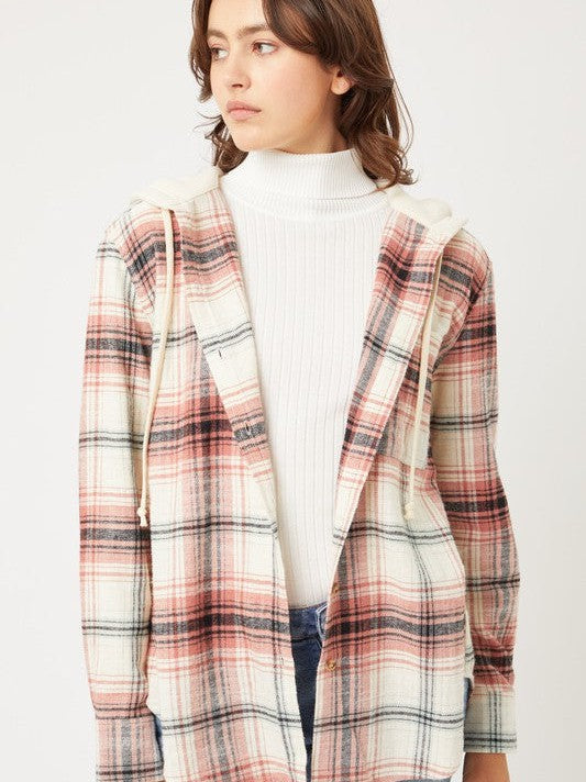 Falling Leaves, Rising Fashion - Plaid Flannel Button Up Shacket with Hood-Women's Clothing-Shop Z & Joxa