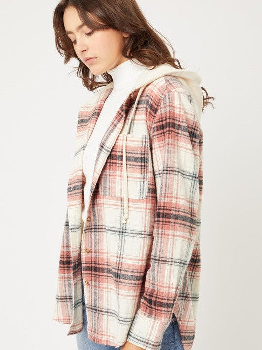 Falling Leaves, Rising Fashion - Plaid Flannel Button Up Shacket with Hood-Women's Clothing-Shop Z & Joxa