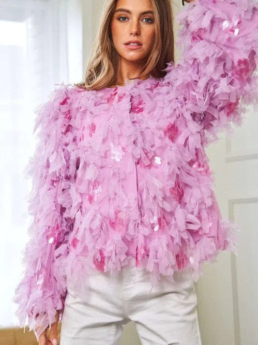 Fashion is Art Tiered Fluffy Ruffle Long Sleeve Party Jacket-Women's Clothing-Shop Z & Joxa