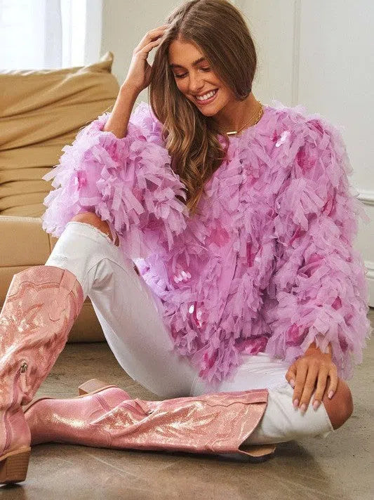 Fashion is Art Tiered Fluffy Ruffle Long Sleeve Party Jacket-Women's Clothing-Shop Z & Joxa