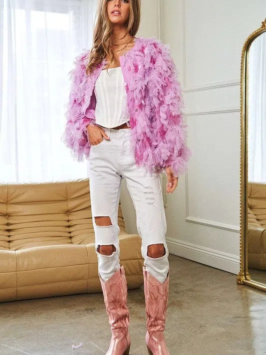 Fashion is Art Tiered Fluffy Ruffle Long Sleeve Party Jacket-Women's Clothing-Shop Z & Joxa