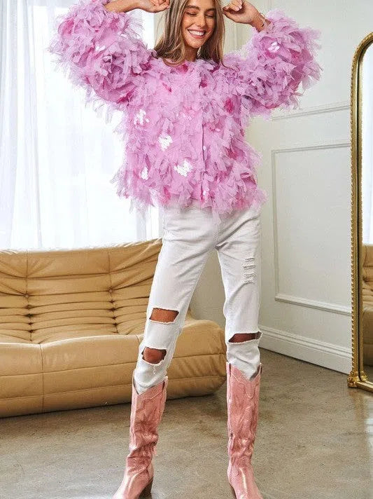 Fashion is Art Tiered Fluffy Ruffle Long Sleeve Party Jacket-Women's Clothing-Shop Z & Joxa