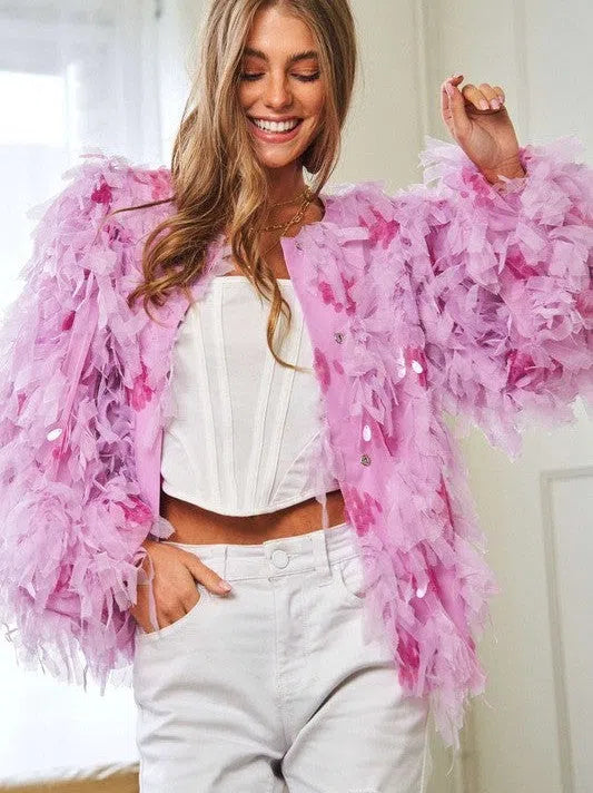 Fashion is Art Tiered Fluffy Ruffle Long Sleeve Party Jacket-Women's Clothing-Shop Z & Joxa