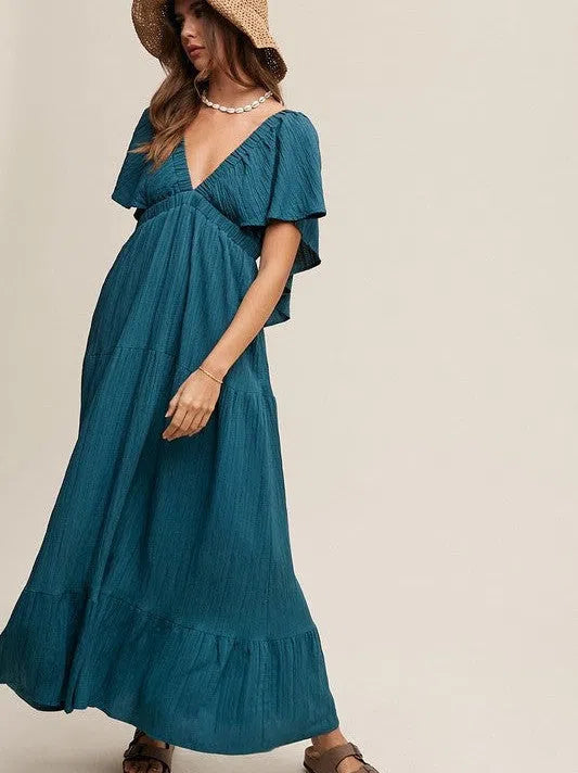 Fashion is an Attitude V-Neck Ruffle Sleeve Flowy Maxi Dress-Women's Clothing-Shop Z & Joxa