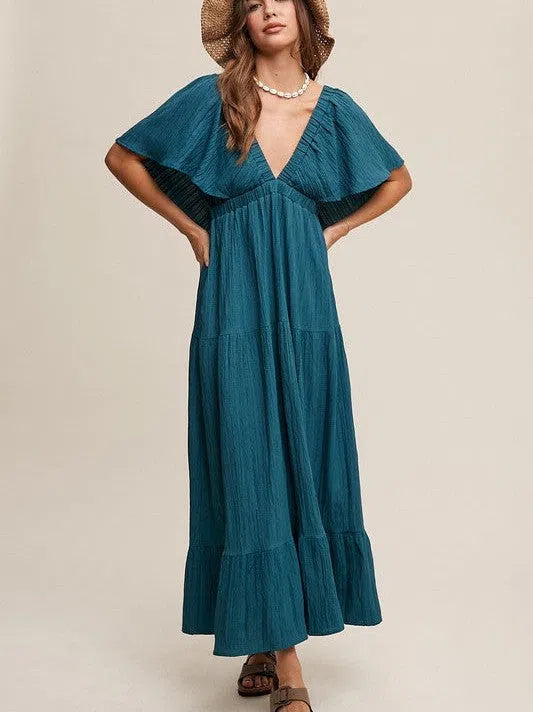 Fashion is an Attitude V-Neck Ruffle Sleeve Flowy Maxi Dress-Women's Clothing-Shop Z & Joxa