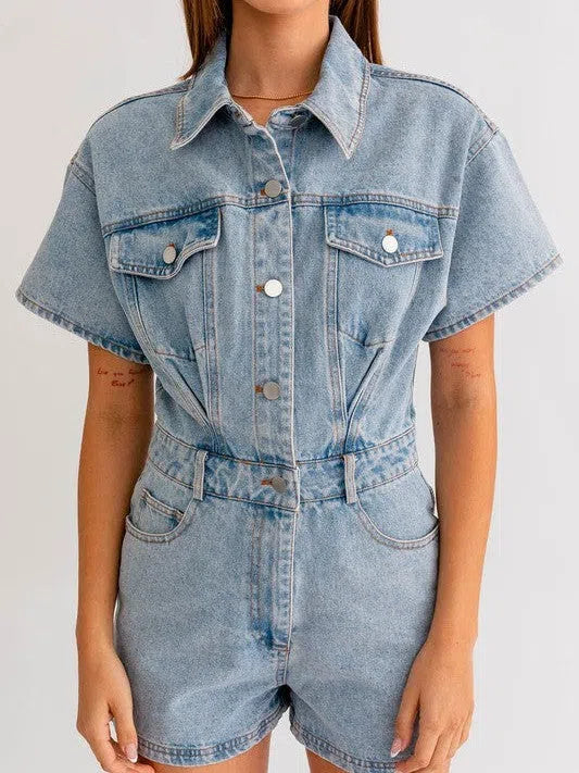 Fearless Heart Short Sleeve Denim Romper-Women's Clothing-Shop Z & Joxa