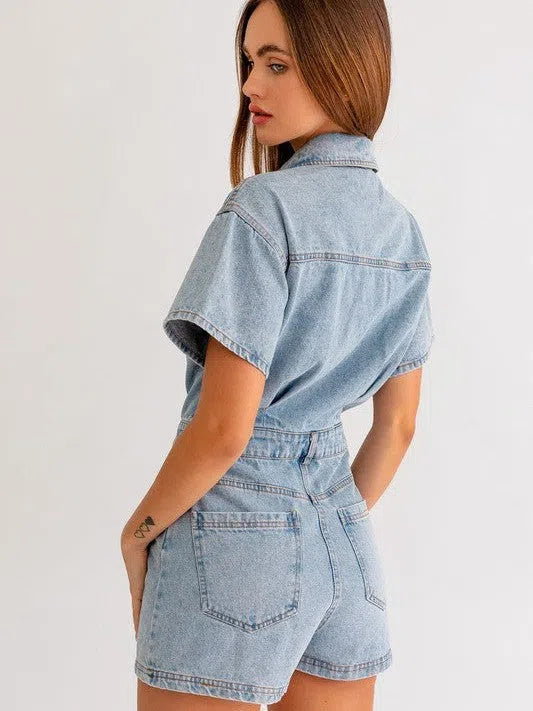 Fearless Heart Short Sleeve Denim Romper-Women's Clothing-Shop Z & Joxa