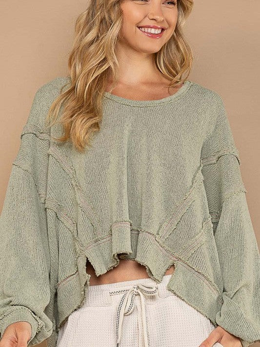 Fearless Mind Round Neck Balloon Sleeve Hooded Knit Crop Top-Women's Clothing-Shop Z & Joxa