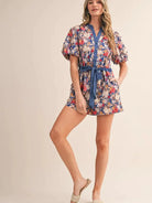 Field of Dreams Blue Floral Bubble Sleeve Romper-Women's Rompers-Shop Z & Joxa