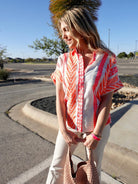 Flamingo Pink Geometric Short Sleeve Button Shirt-Women's Clothing-Shop Z & Joxa