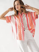 Flamingo Pink Geometric Short Sleeve Button Shirt-Women's Clothing-Shop Z & Joxa
