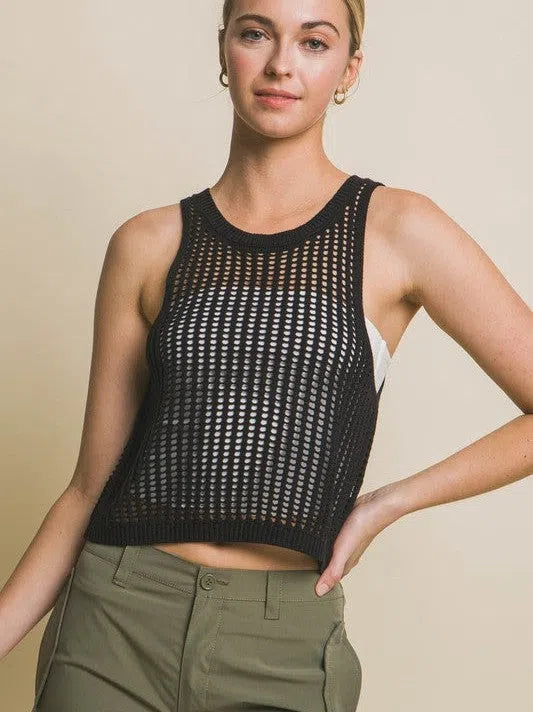 Flawless Flaws Sleeveless Open Knit Crop Top-Women's Clothing-Shop Z & Joxa