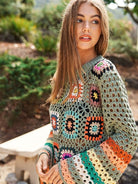 Floral Flare Cropped Crochet Sweater with Striped Bell Sleeves-Women's Clothing-Shop Z & Joxa
