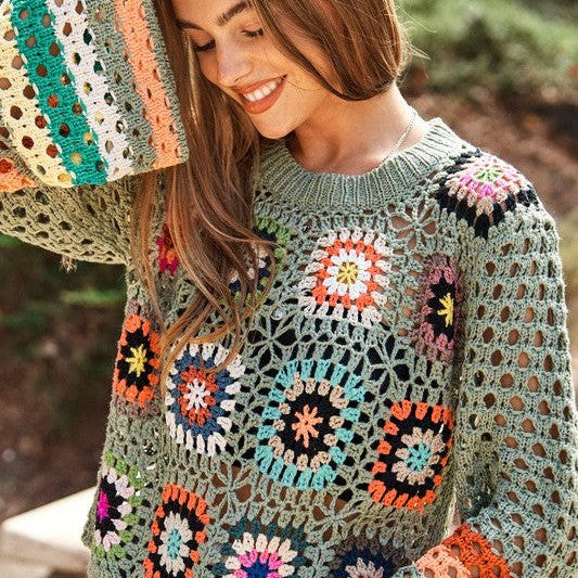 Floral Flare Cropped Crochet Sweater with Striped Bell Sleeves-Women's Clothing-Shop Z & Joxa