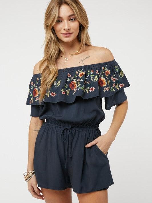 Floral Rose Off Shoulder Romper-Women's Clothing-Shop Z & Joxa