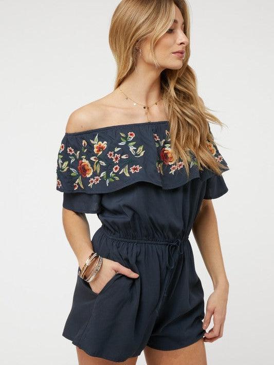 Floral Rose Off Shoulder Romper-Women's Clothing-Shop Z & Joxa