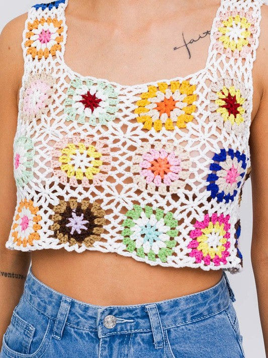 Floral Showcase Sleeveless Floral Multi Crochet Crop Top with Square Neckline-Women's Clothing-Shop Z & Joxa