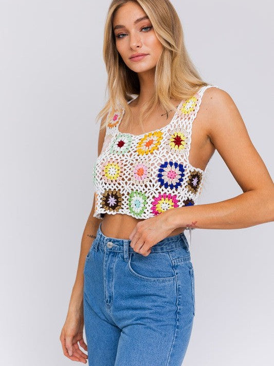 Floral Showcase Sleeveless Floral Multi Crochet Crop Top with Square Neckline-Women's Clothing-Shop Z & Joxa