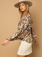 Flower Burst Open Back Shirt with Balloon Sleeves-Women's Clothing-Shop Z & Joxa