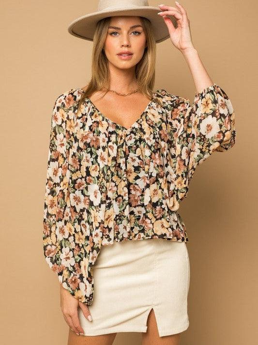 Flower Burst Open Back Shirt with Balloon Sleeves-Women's Clothing-Shop Z & Joxa